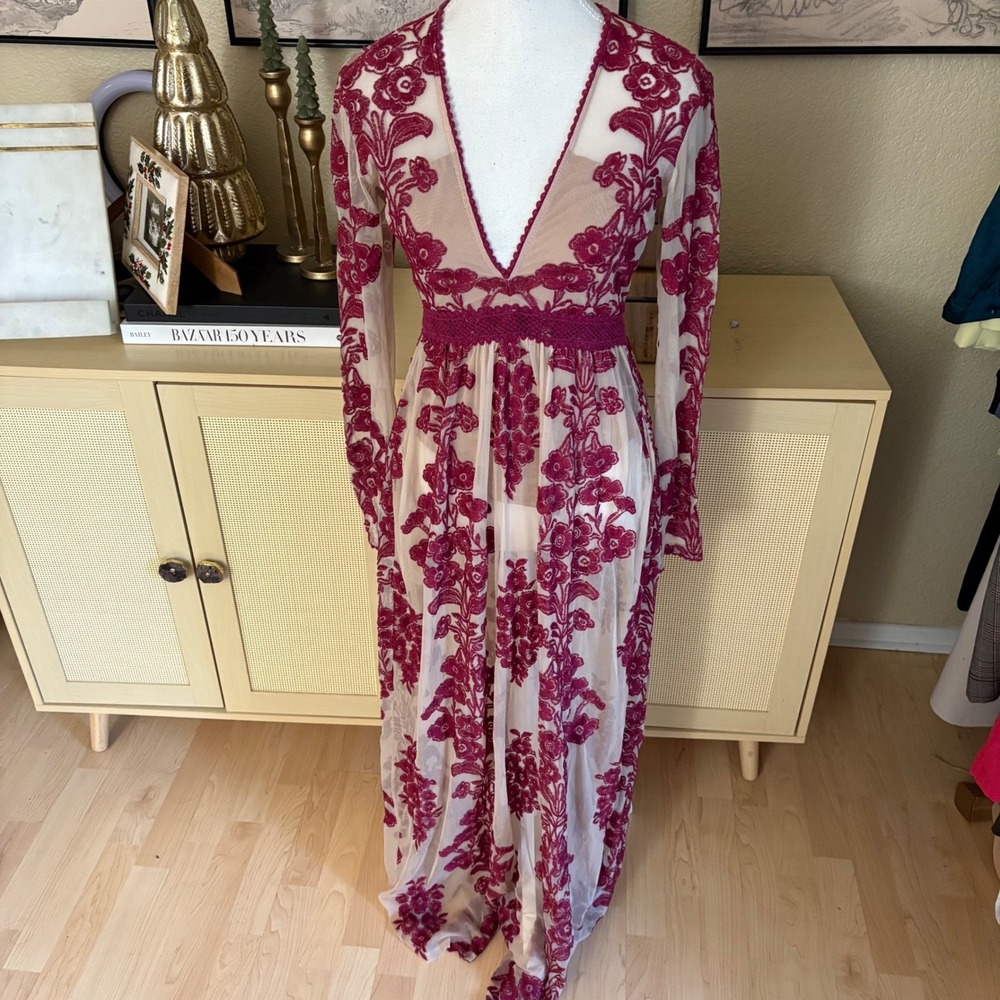 FOR LOVE & LEMONS Floral‎ Temecula Long Sleeve Sheer Maxi Dress Red Size Small - Picture 2 of 11